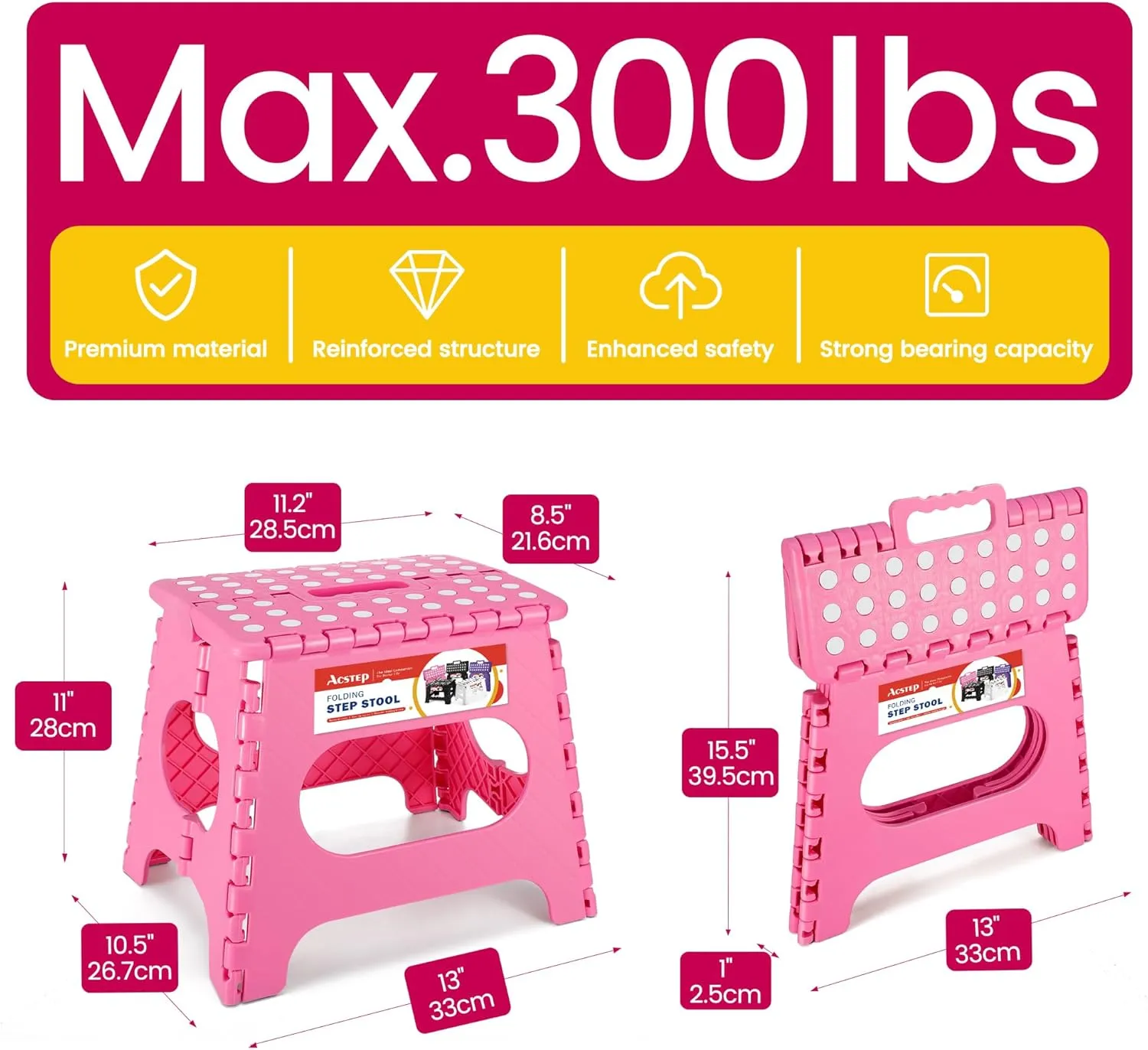 11 Inch Non Slip Foldable Step Stool Pink