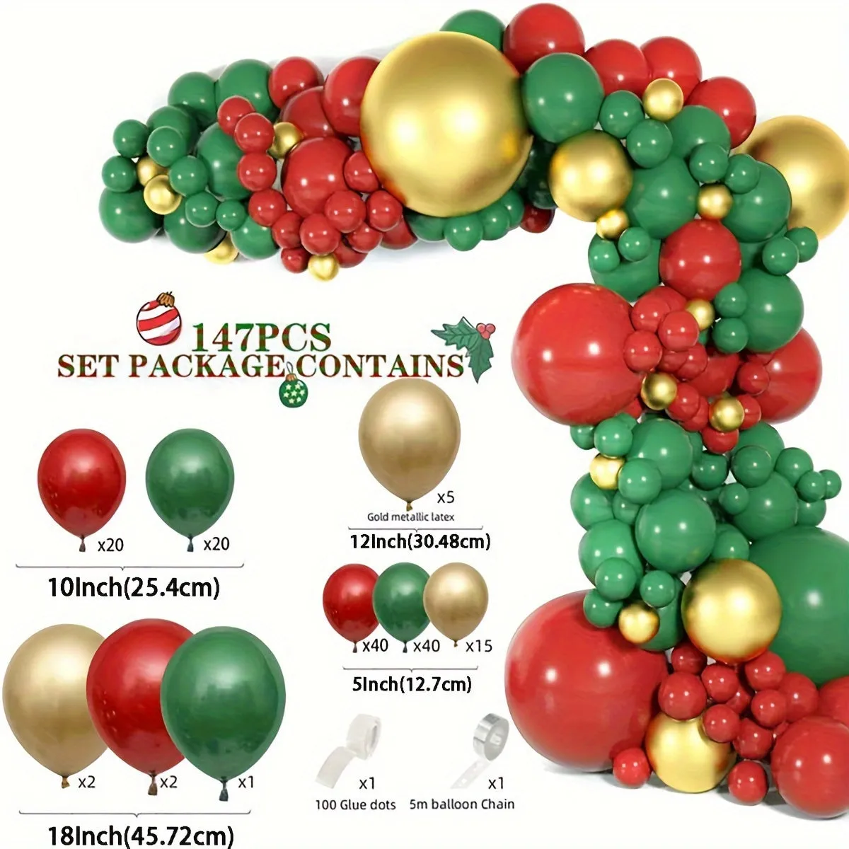 147Pcs Festive Christmas Balloon Garland Arch Kit - Red, Green & Metallic Golden Latex Emulsion Material, Perfect for Holiday Party Decor, Ages 14 