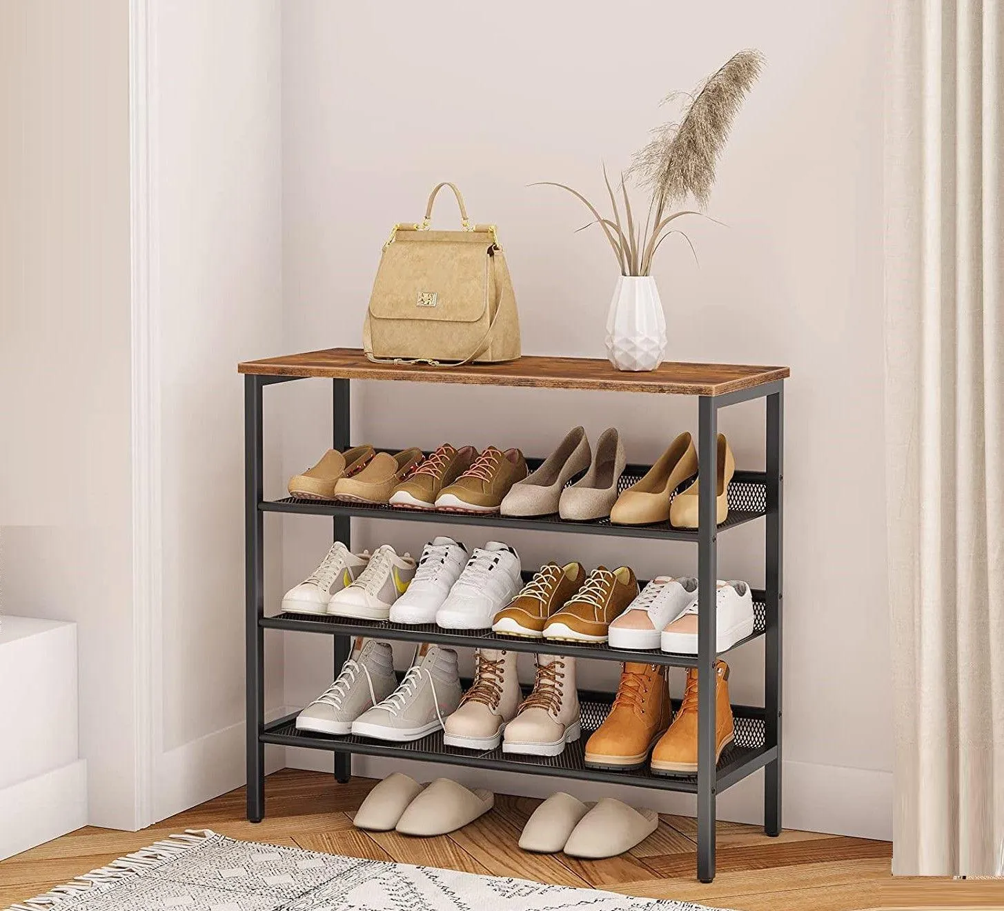 4-Tier Shoe Rack, Industrial Shoe Organizer Storage Bench