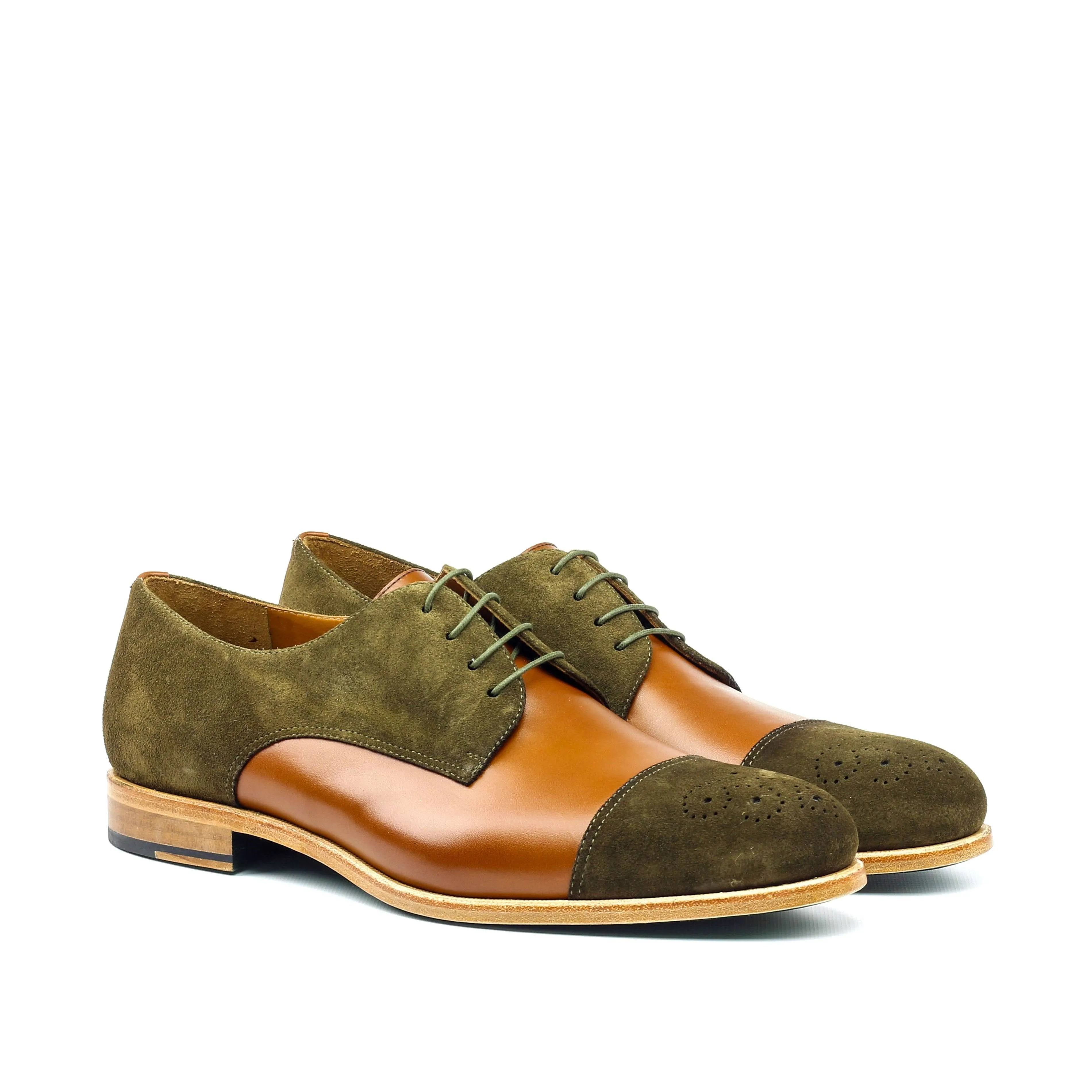 ALEXANDER - Unique Handcrafted Golden Brown/Green Seude Casual but not so Casual Derby Dress Shoes by Le Ruux