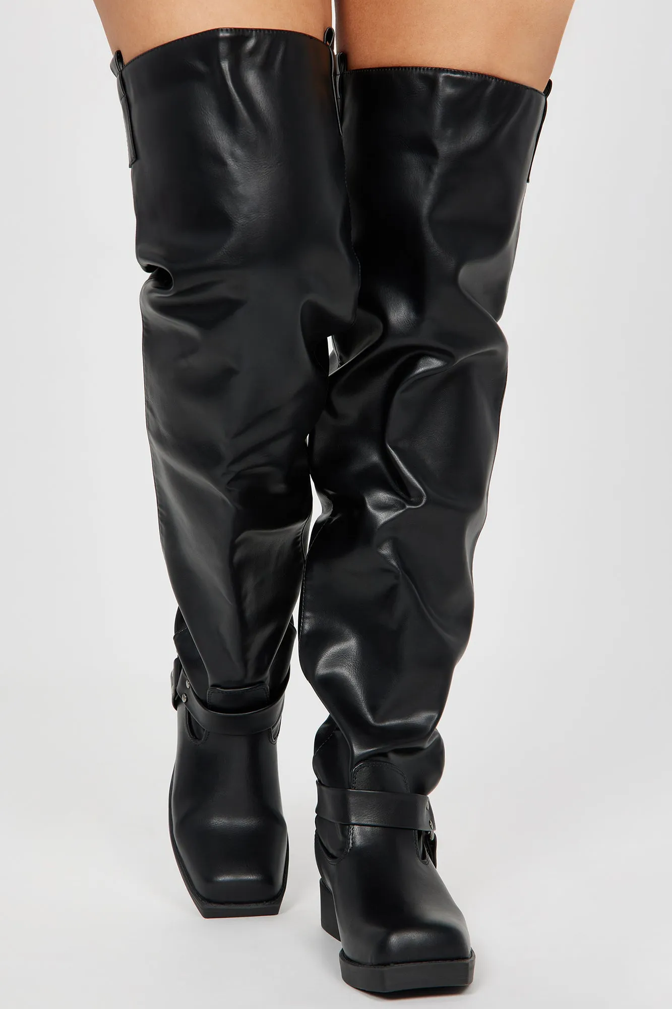 Biker Girl Over The Knee Boots - Black