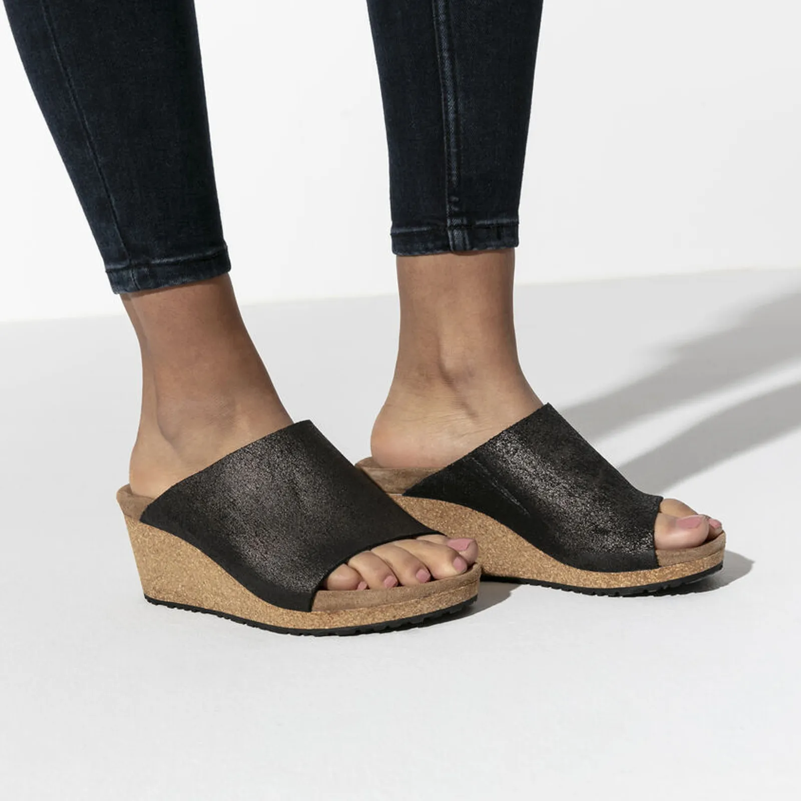 Birkenstock Namica Wedge Sandal (Women) - Washed Metallic Antique Black Suede