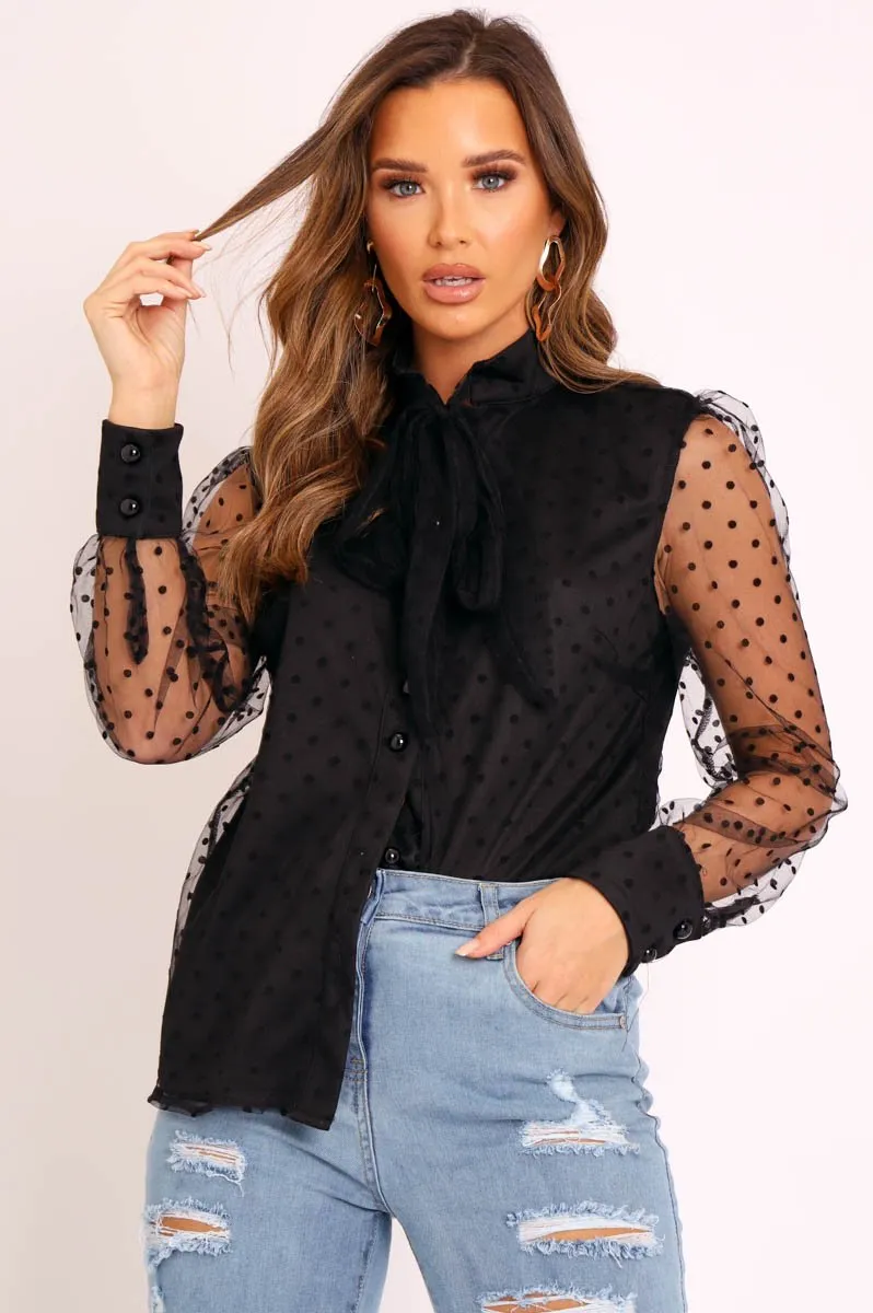 Black Mesh Polka Tie Detail Shirt - Vylette