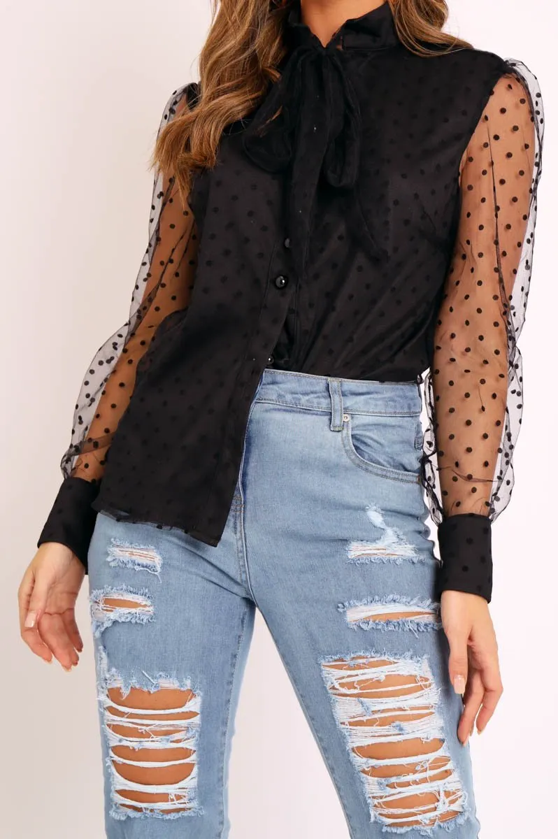 Black Mesh Polka Tie Detail Shirt - Vylette