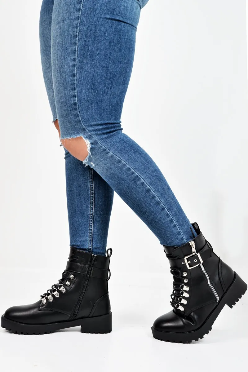 Black PU Lace Up Buckle Detail Biker Boots - Novah