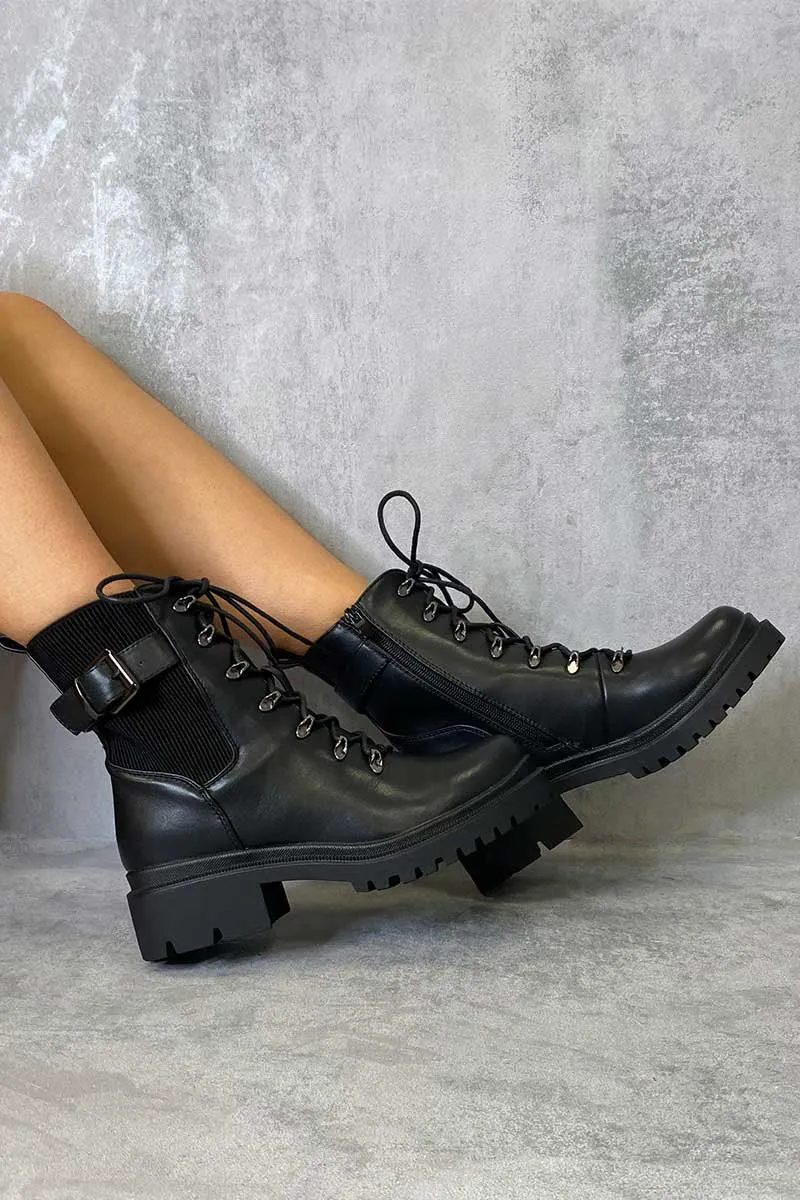 Black Ribbed Panel Lace Up Biker Boots - Delsie