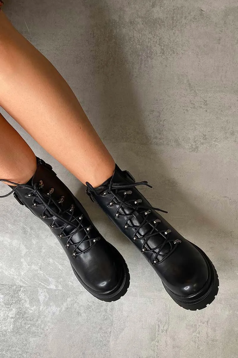 Black Ribbed Panel Lace Up Biker Boots - Delsie