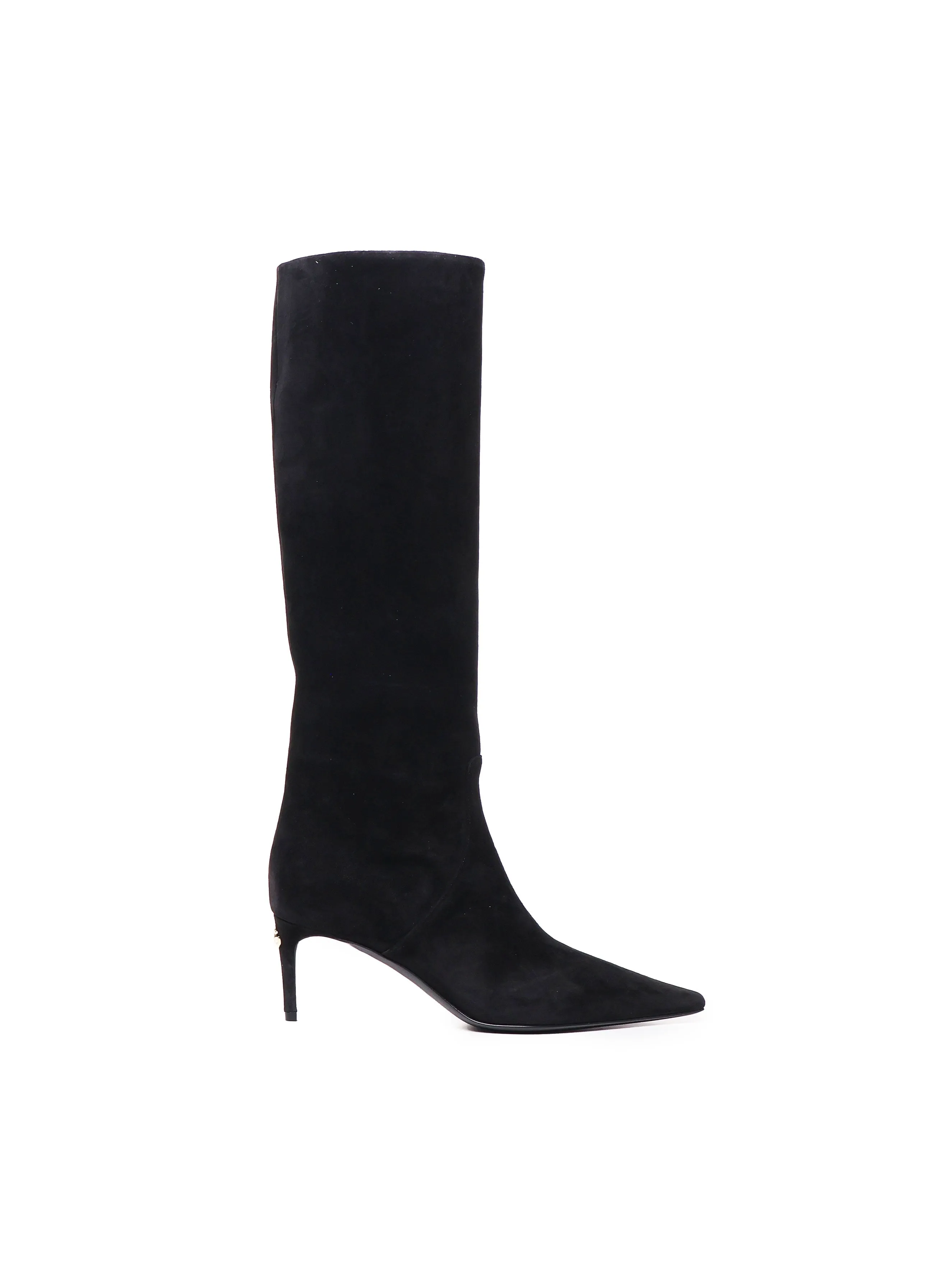 Black Stiletto Suede Boots with Logo