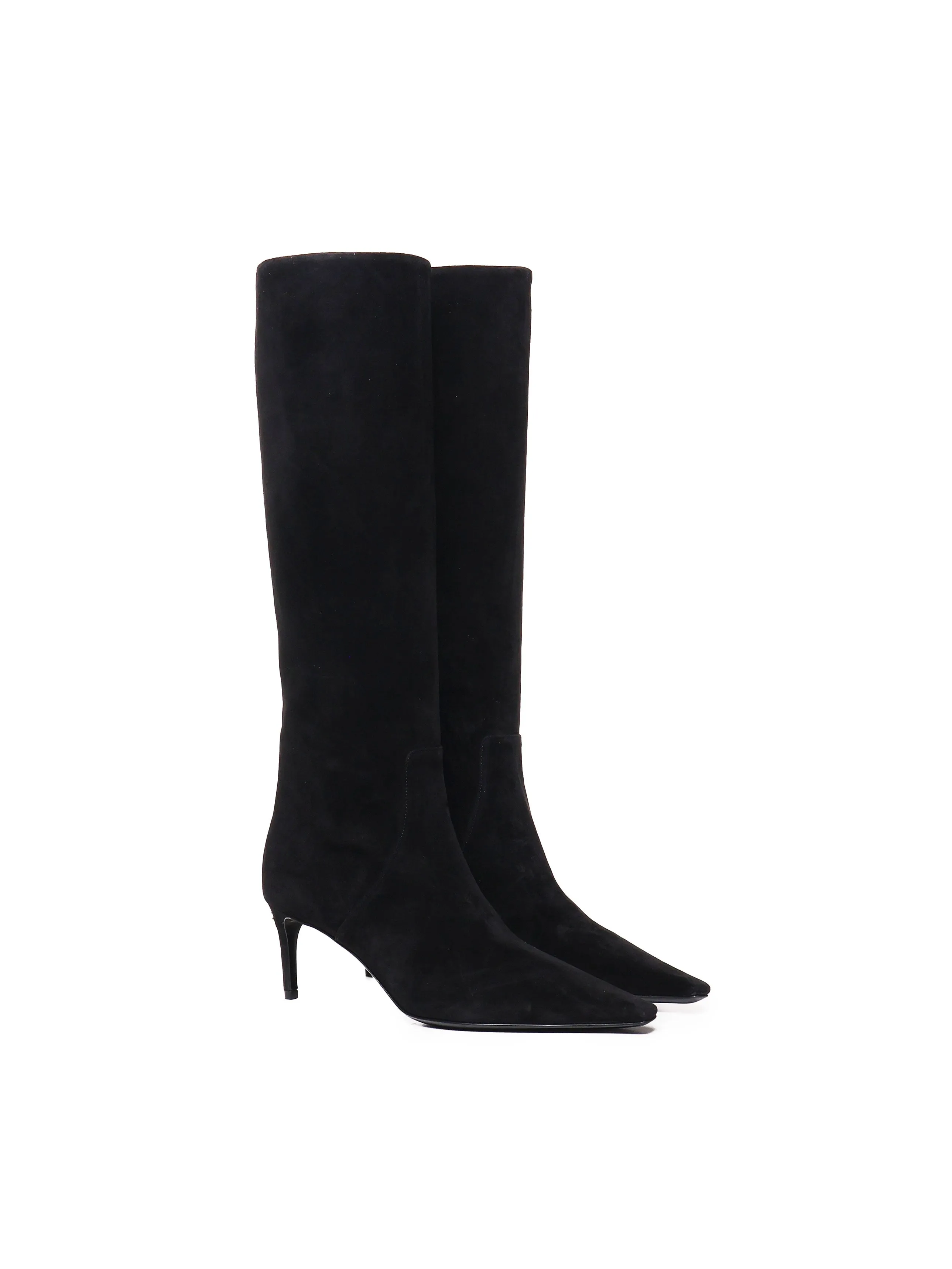 Black Stiletto Suede Boots with Logo