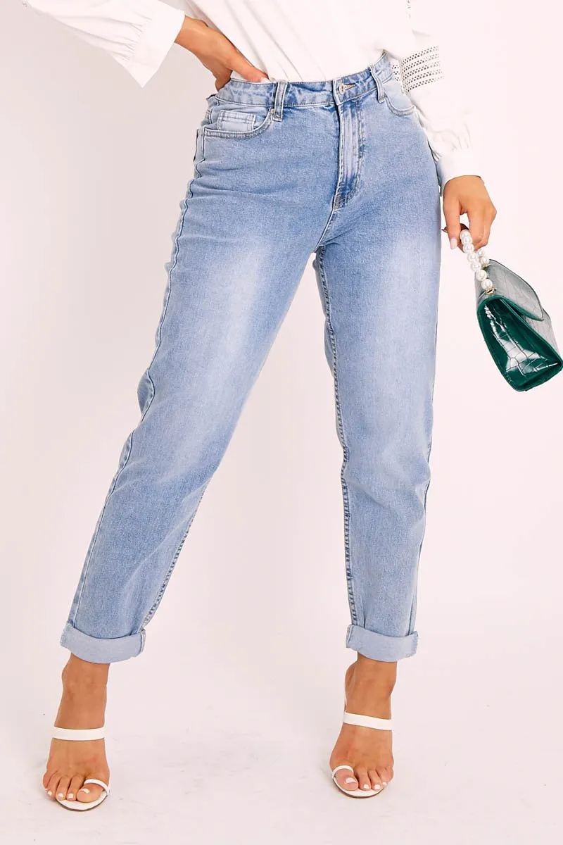 Blue Mom Fit Roll Hem Denim Jeans - Naomi