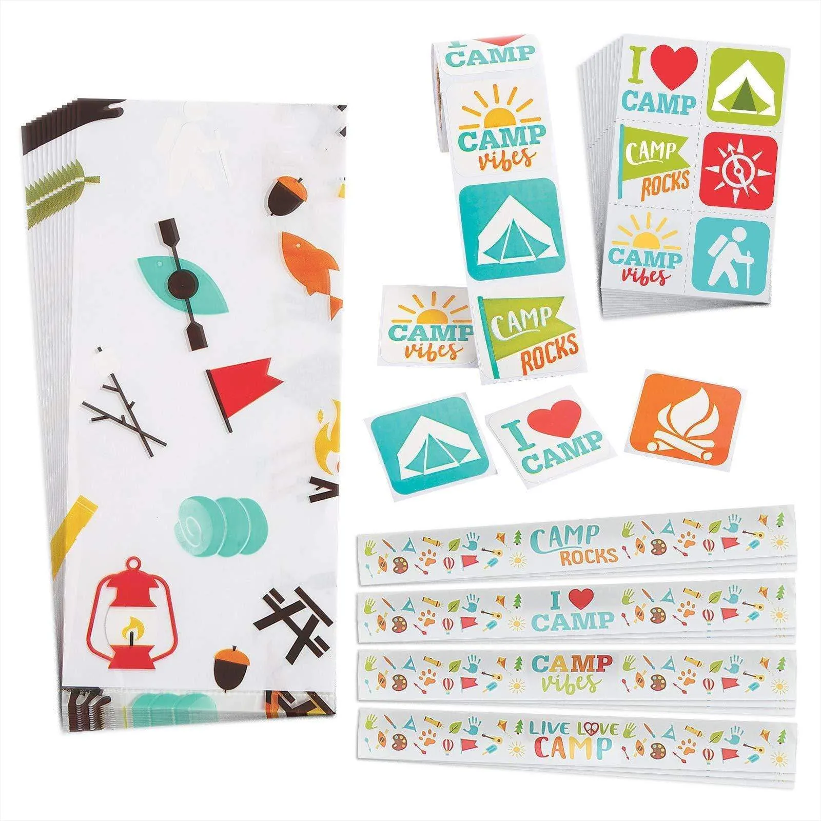 Camp Out Party Favors - Camping Theme Goody Bags, Slap Bracelets, Stickers, and Tattoos for 12 Guests