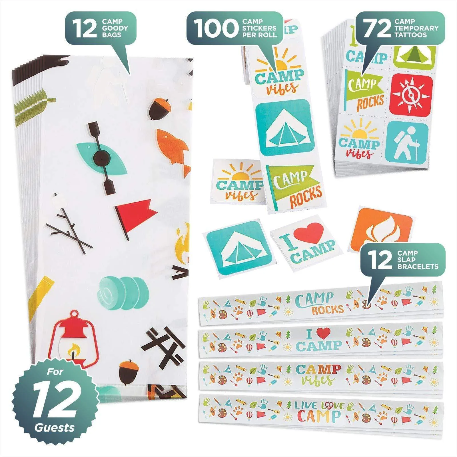 Camp Out Party Favors - Camping Theme Goody Bags, Slap Bracelets, Stickers, and Tattoos for 12 Guests