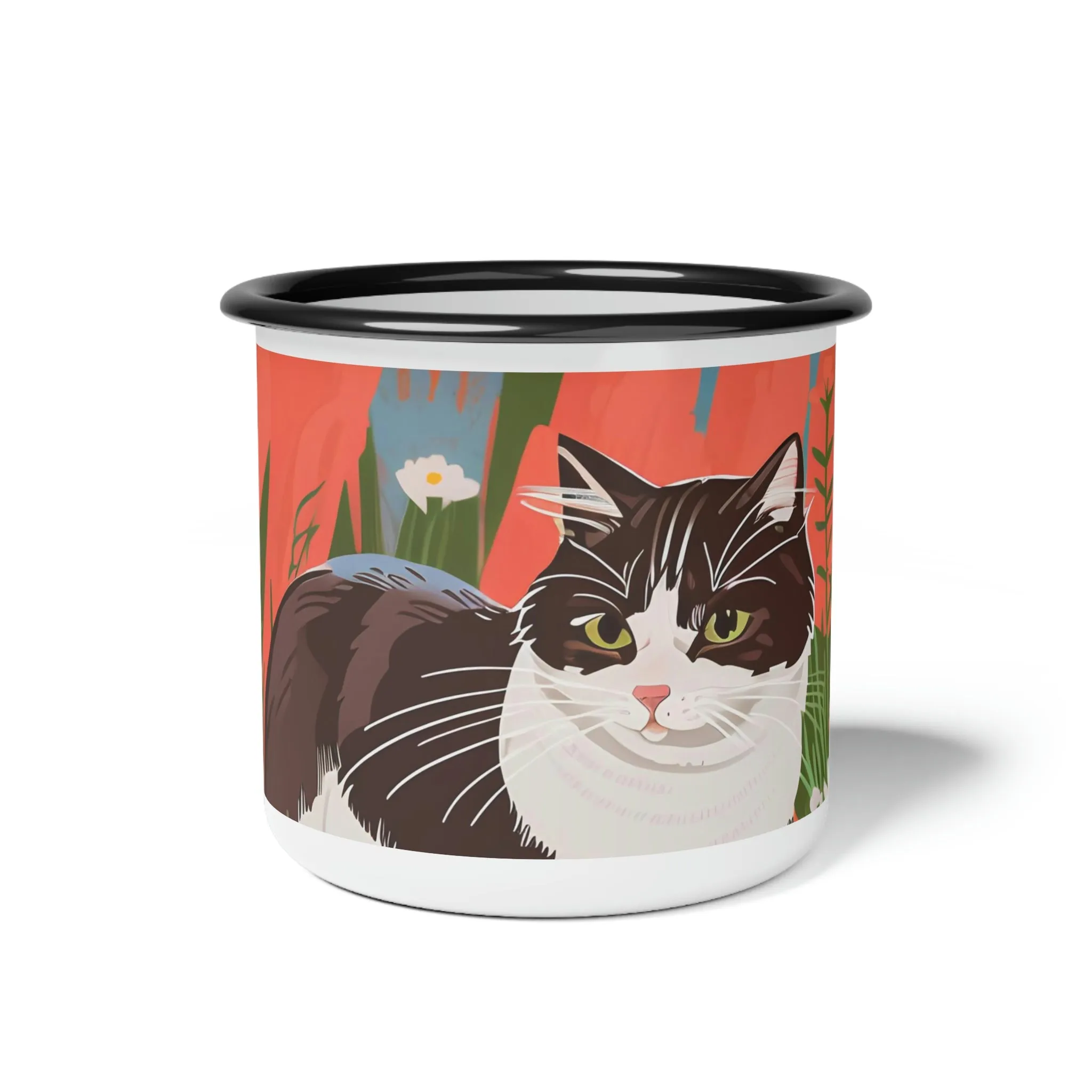 Cat with Wildflowers, Enamel Camping Mug for Coffee, Tea, Cocoa, or Cereal - 12oz