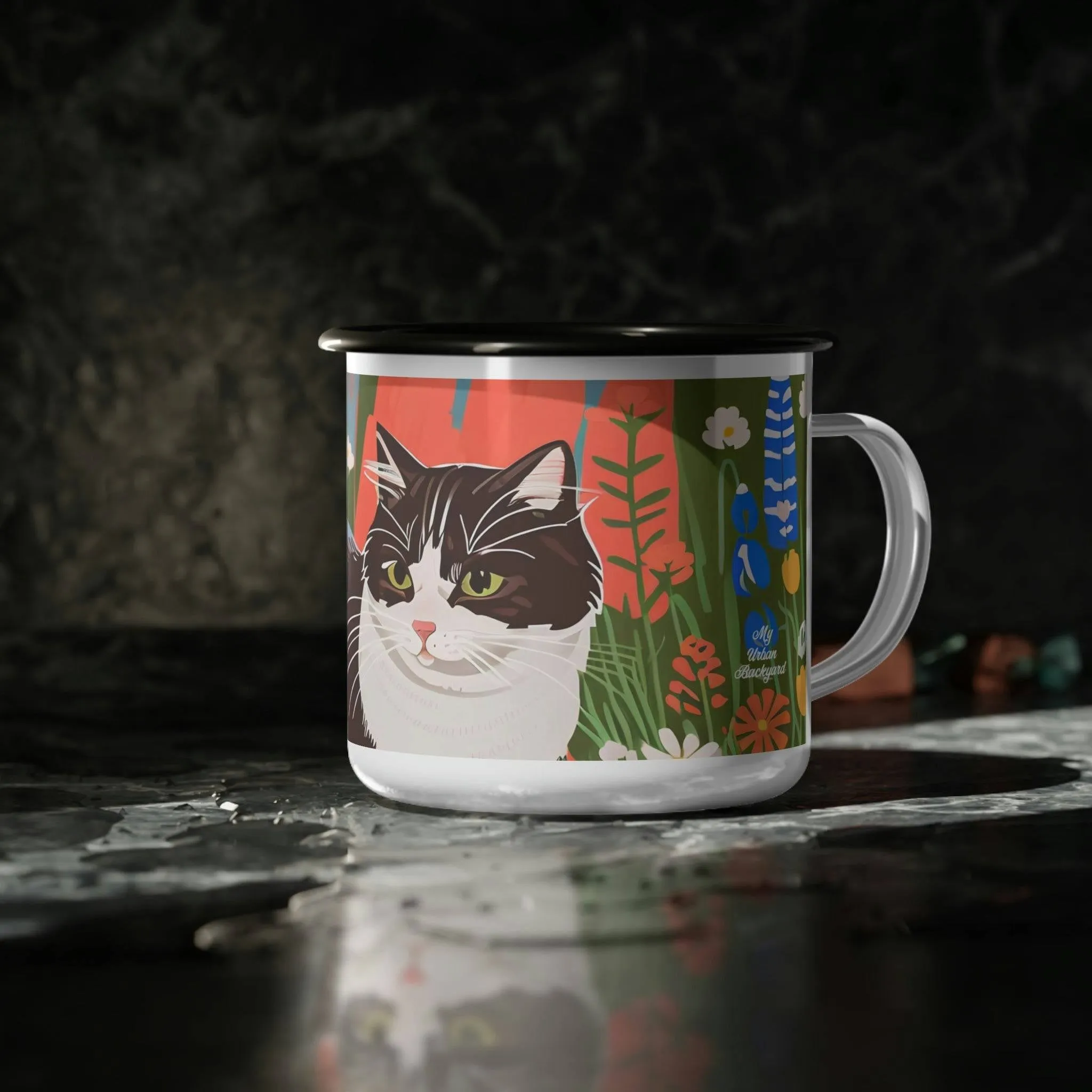 Cat with Wildflowers, Enamel Camping Mug for Coffee, Tea, Cocoa, or Cereal - 12oz