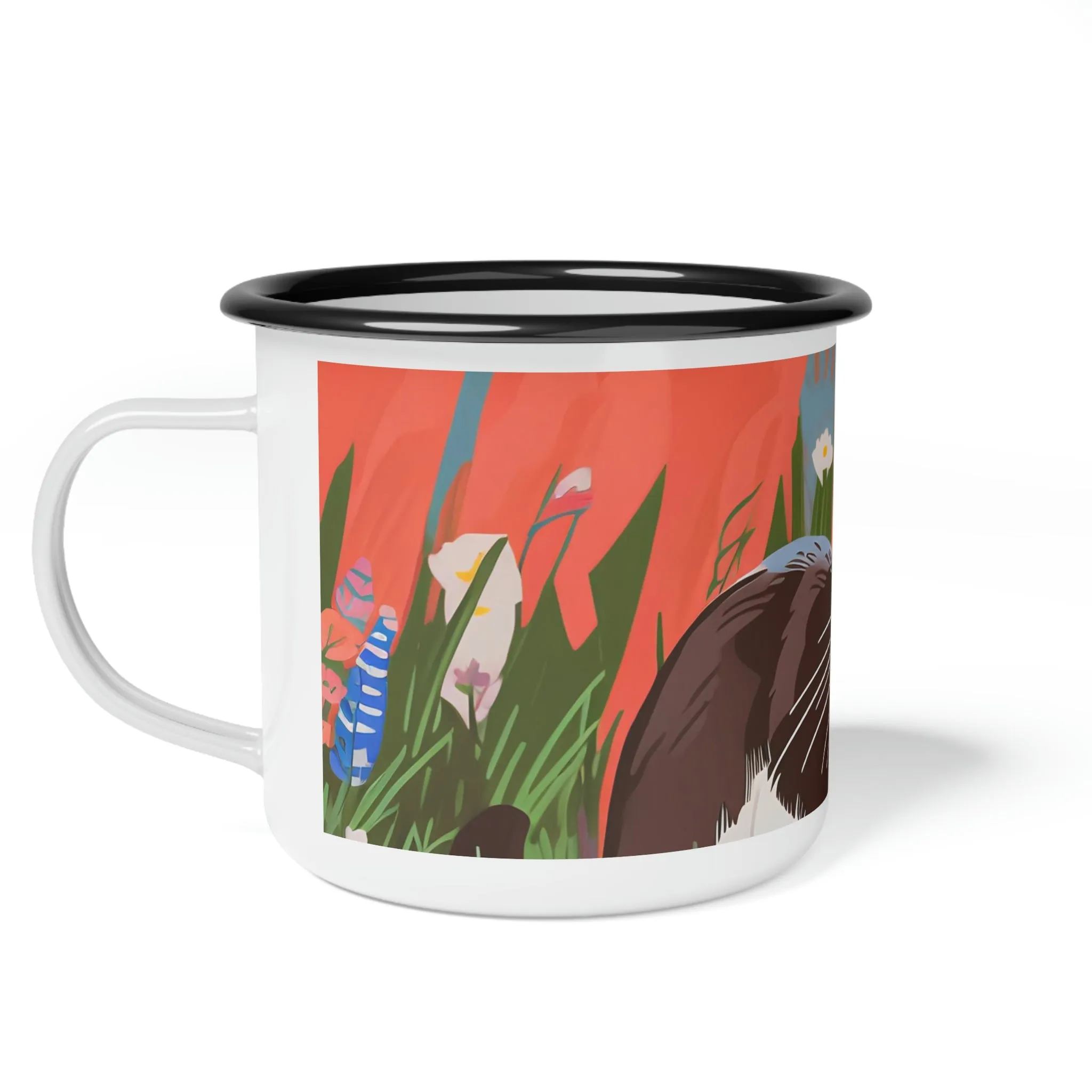 Cat with Wildflowers, Enamel Camping Mug for Coffee, Tea, Cocoa, or Cereal - 12oz