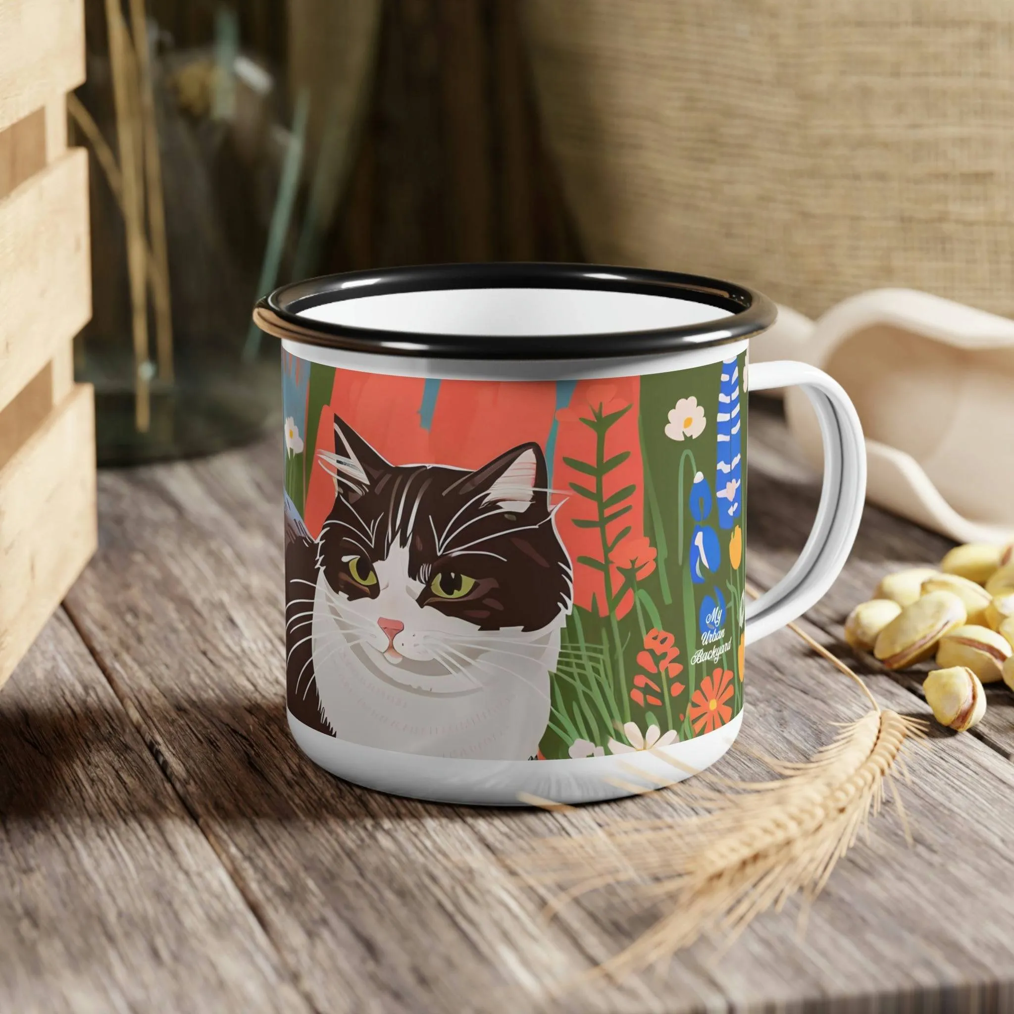 Cat with Wildflowers, Enamel Camping Mug for Coffee, Tea, Cocoa, or Cereal - 12oz