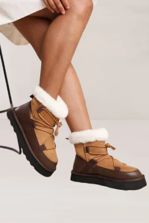 Chestnut Chunky Ankle Snow Winter Biker Boots with Lace Detail