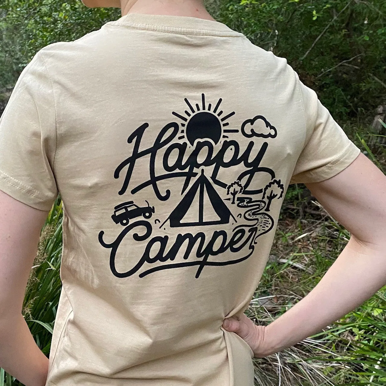 Crew Tee Graphic Print Happy Camper Ladies Tan