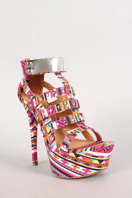 Dollhouse Tribal Studded Caged Stiletto Platform Heel