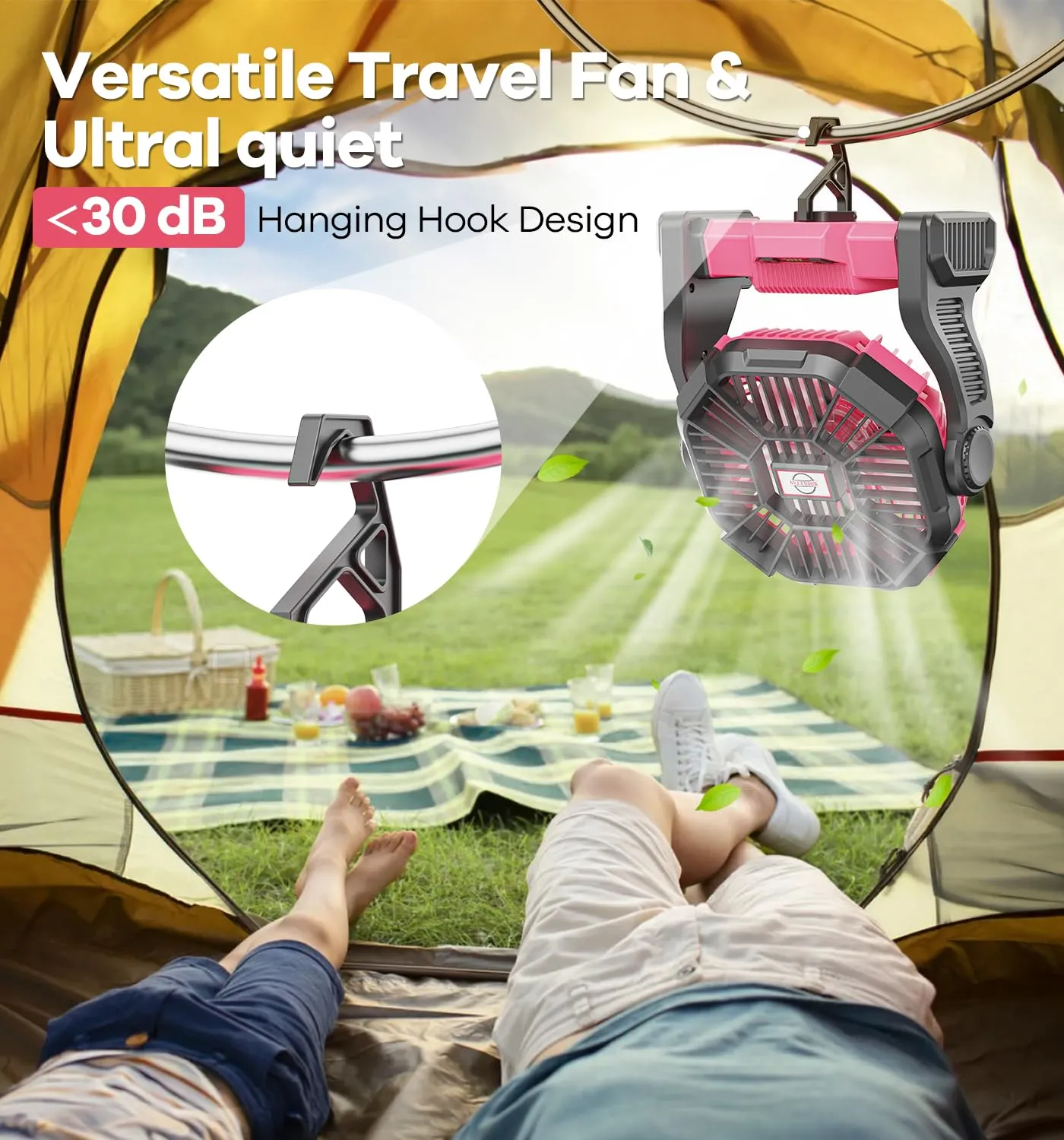 DOWILLDO Camping Fan with LED Lantern, 10400mah Portable Battery Operated Outdoor Fan, Personal Rechargeable Fan for Travel, Hiking, Fishing, Picnic (Pink)