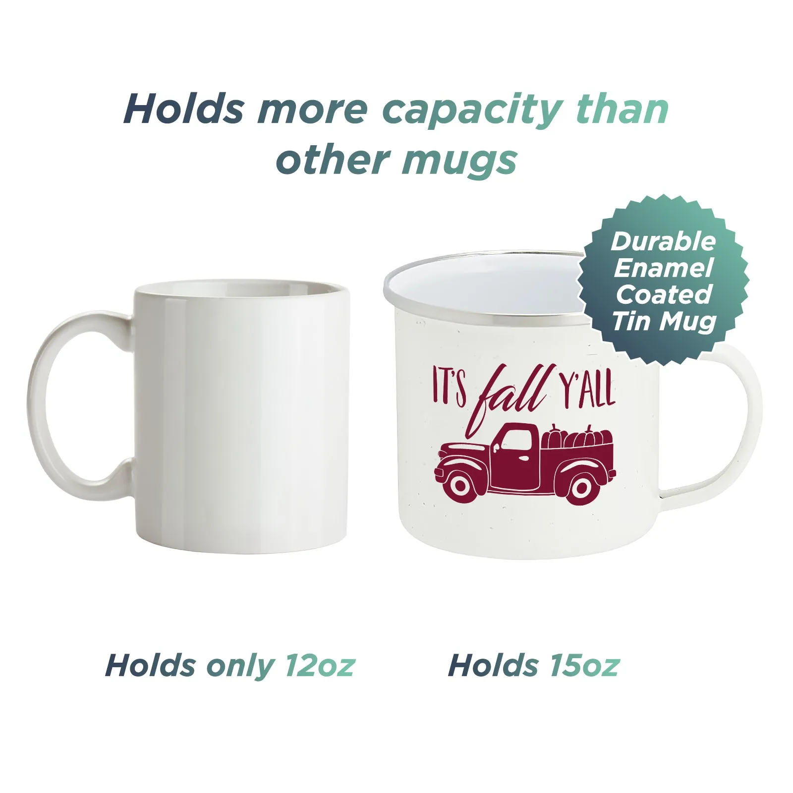 Fall Truck Enamel Camping Coffee Mug"It's Fall Ya'll" Tin Cup 15 Ounce (White Speckled with Burgundy Print)