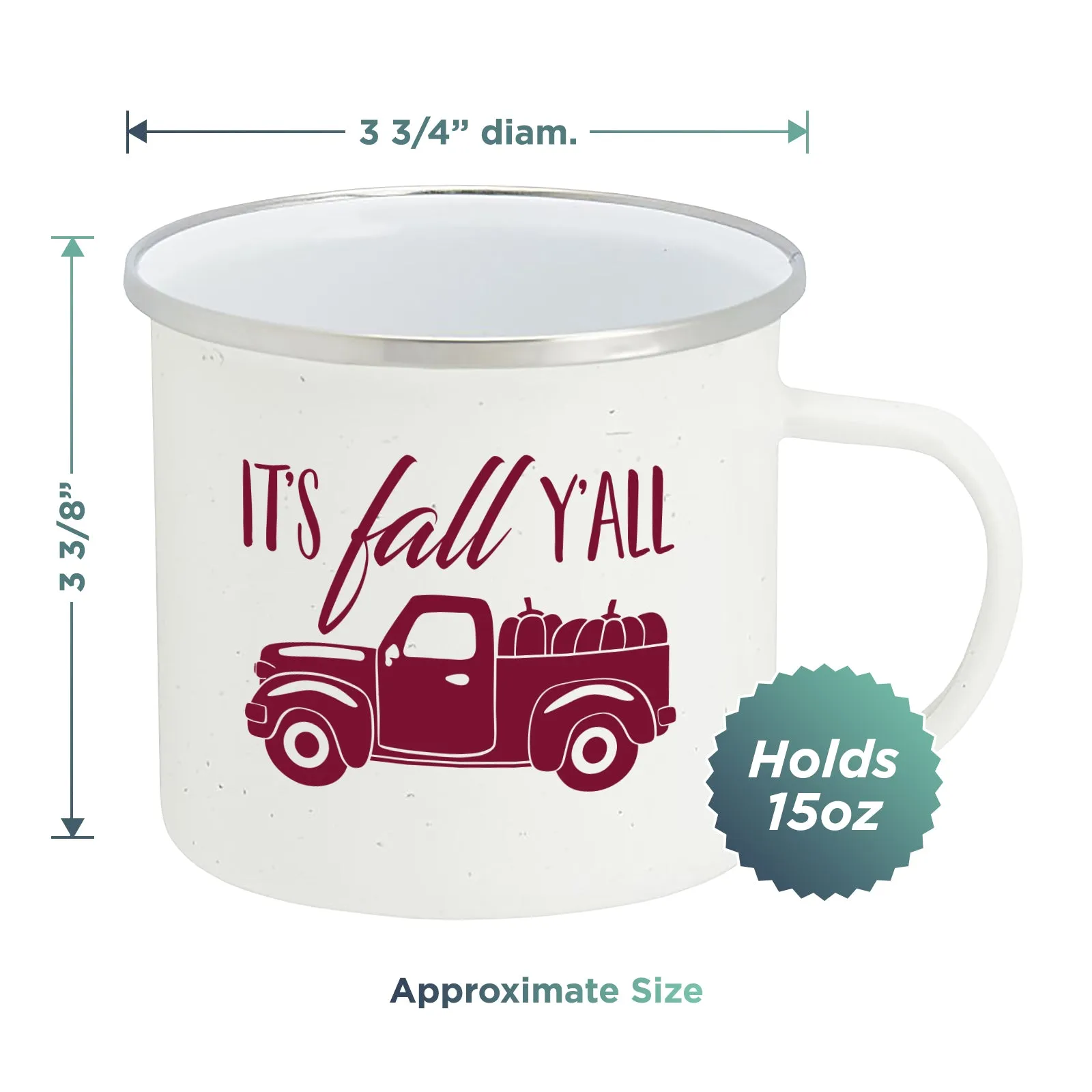 Fall Truck Enamel Camping Coffee Mug"It's Fall Ya'll" Tin Cup 15 Ounce (White Speckled with Burgundy Print)