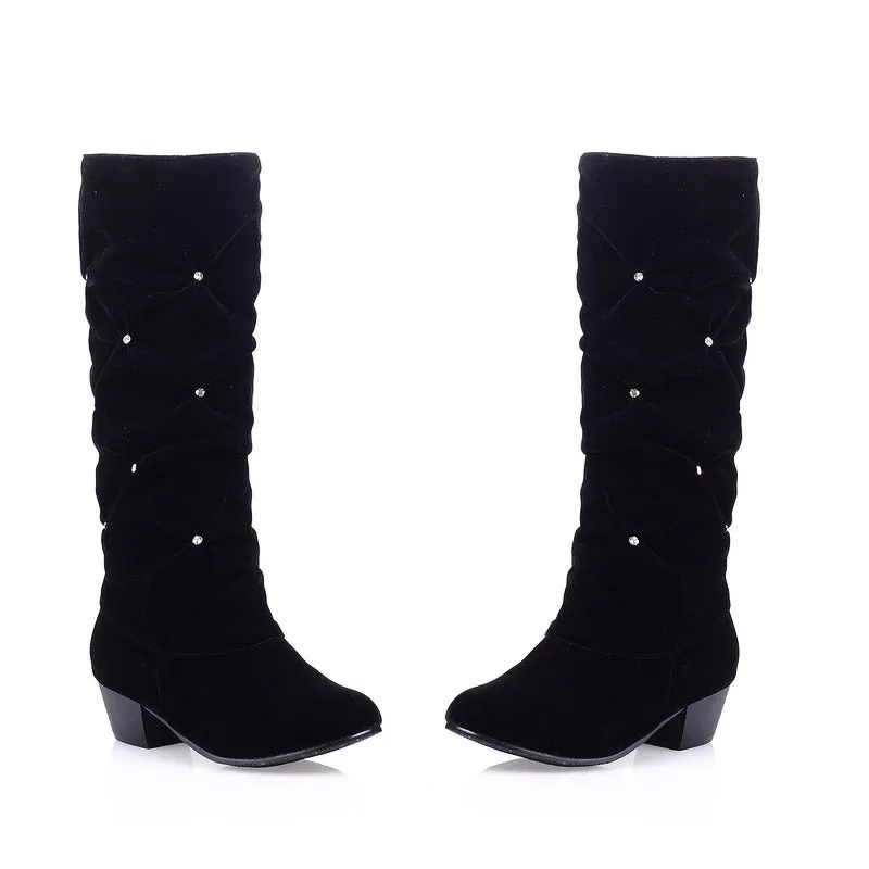 Faux suede crinkled rhinestone mid calf boots for Christmas