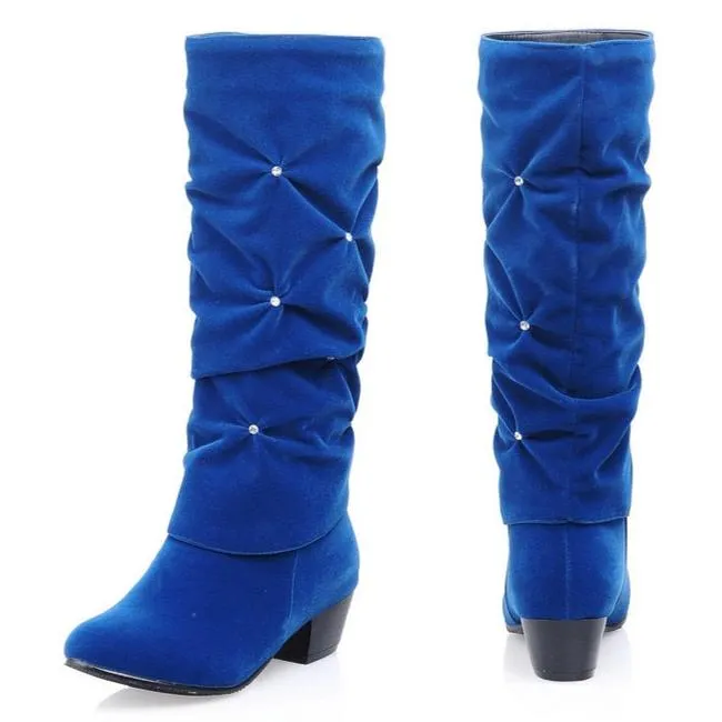 Faux suede crinkled rhinestone mid calf boots for Christmas