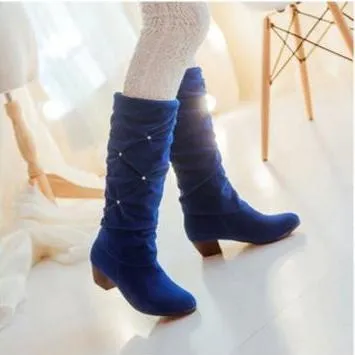 Faux suede crinkled rhinestone mid calf boots for Christmas