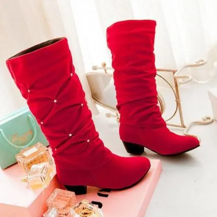 Faux suede crinkled rhinestone mid calf boots for Christmas