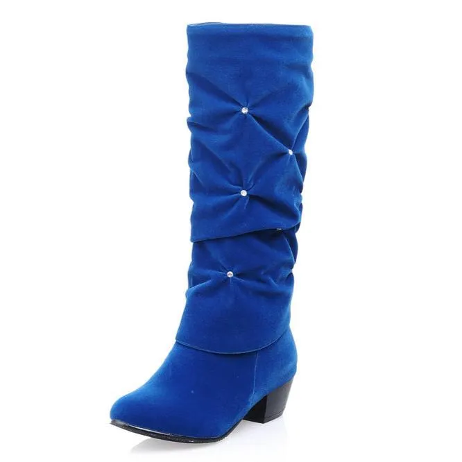 Faux suede crinkled rhinestone mid calf boots for Christmas