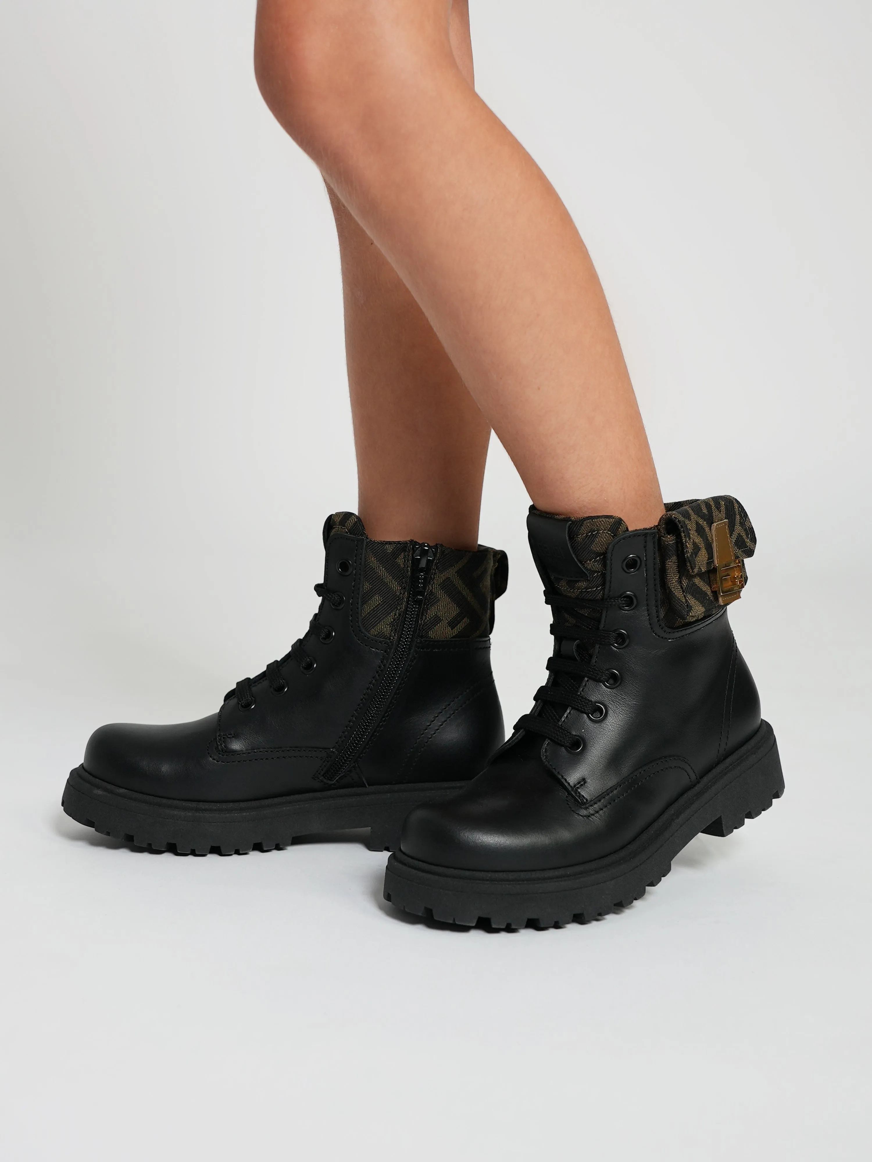 Fendi Kids Leather Baguette Biker Boots in Black