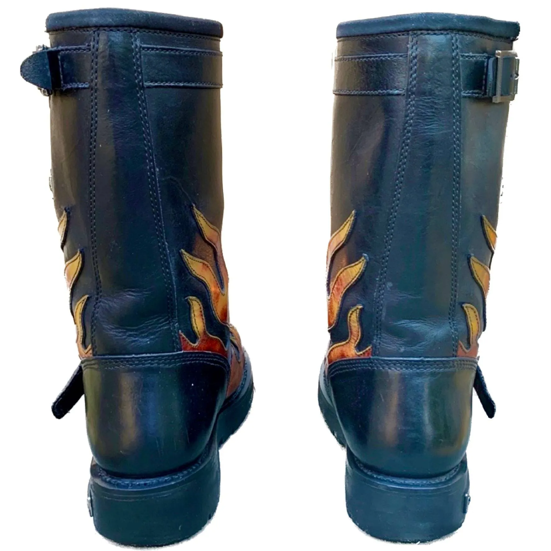HARLEY-DAVIDSON Vintage Harness Flame Tall Black Leather Biker Moto Motorcycle Boots