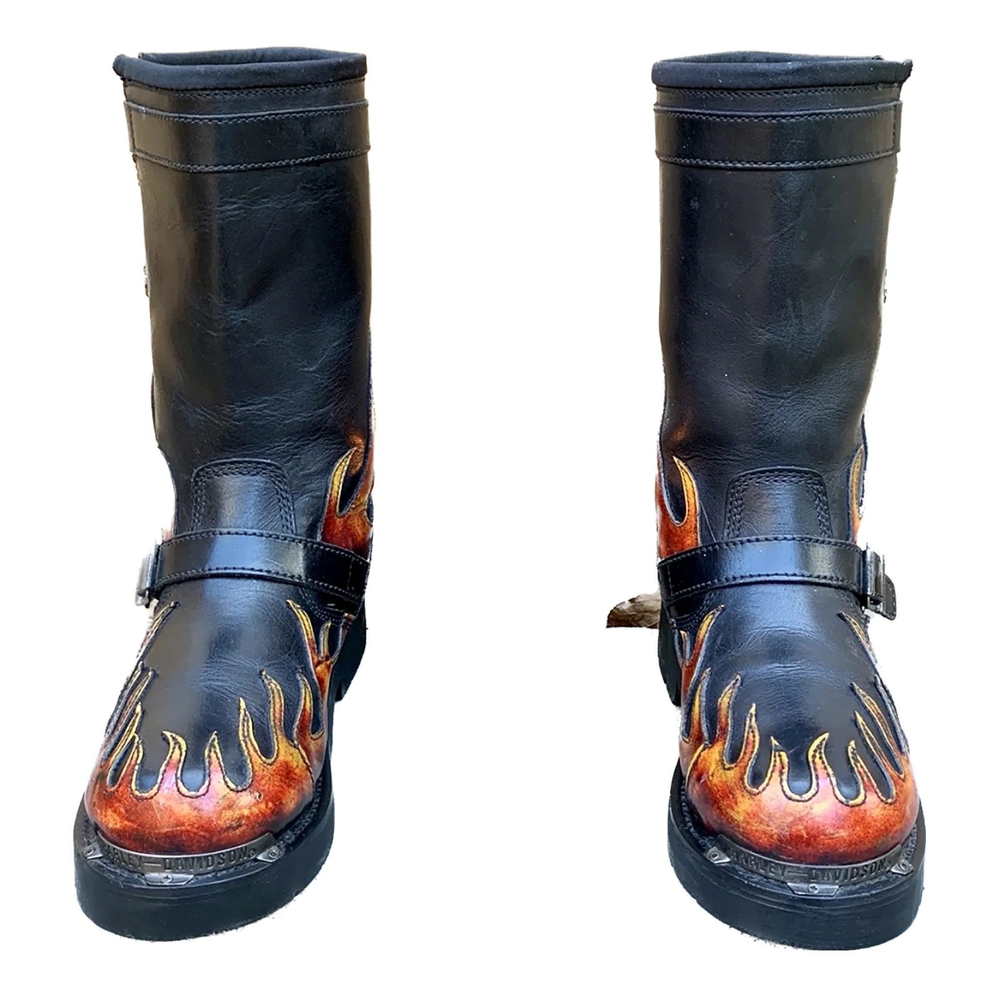HARLEY-DAVIDSON Vintage Harness Flame Tall Black Leather Biker Moto Motorcycle Boots