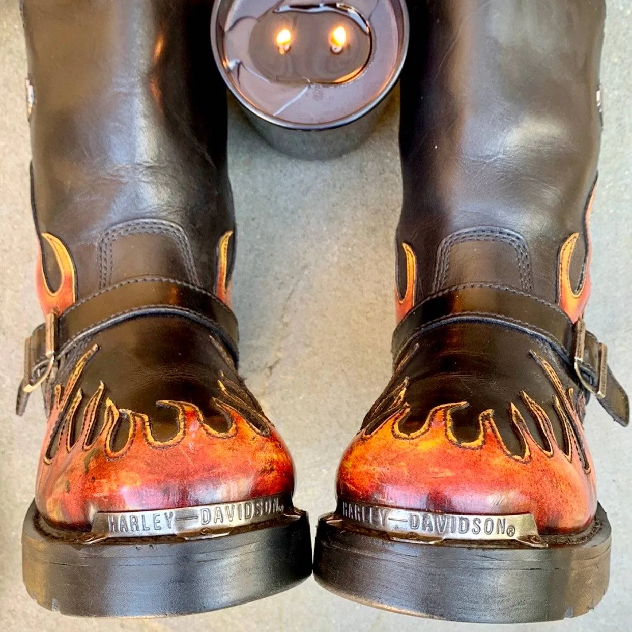 HARLEY-DAVIDSON Vintage Harness Flame Tall Black Leather Biker Moto Motorcycle Boots