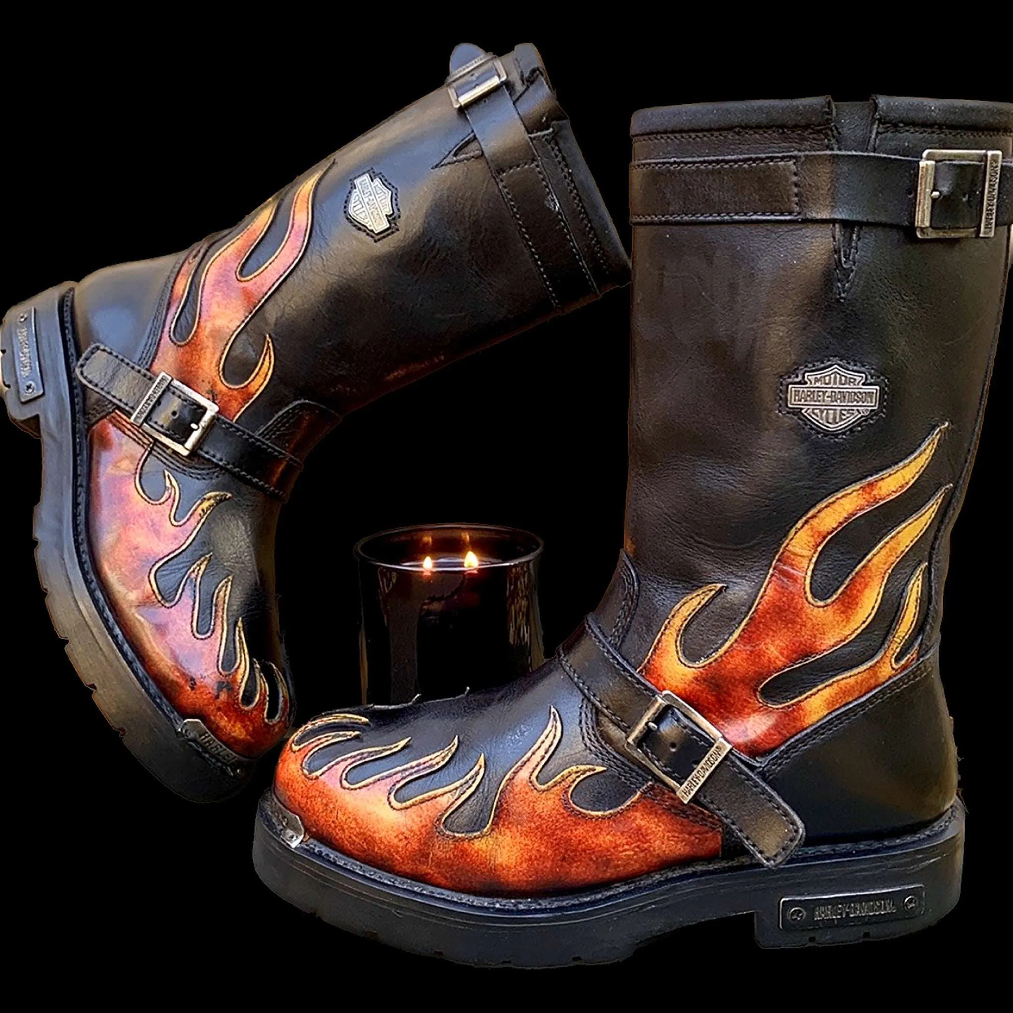 HARLEY-DAVIDSON Vintage Harness Flame Tall Black Leather Biker Moto Motorcycle Boots