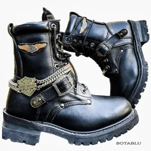 HARLEY-DAVIDSON Vintage Lace Up Chunky Lug Sole Black Combat Biker Moto Boots