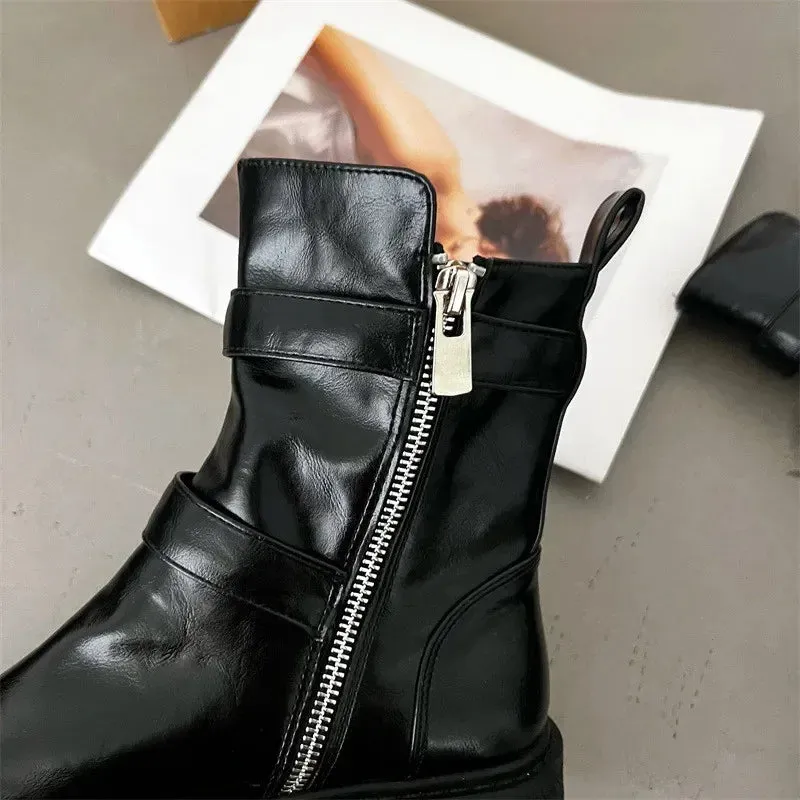 Hnzxzm New Luxury Leather Ankle Boots Women Chunky Heel Flat Biker Botas Belt Metal Buckle Design Platform Boots for Women Combat Boots