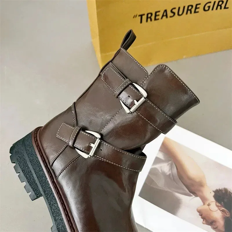 Hnzxzm New Luxury Leather Ankle Boots Women Chunky Heel Flat Biker Botas Belt Metal Buckle Design Platform Boots for Women Combat Boots