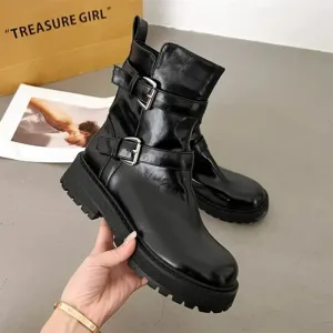 Hnzxzm New Luxury Leather Ankle Boots Women Chunky Heel Flat Biker Botas Belt Metal Buckle Design Platform Boots for Women Combat Boots