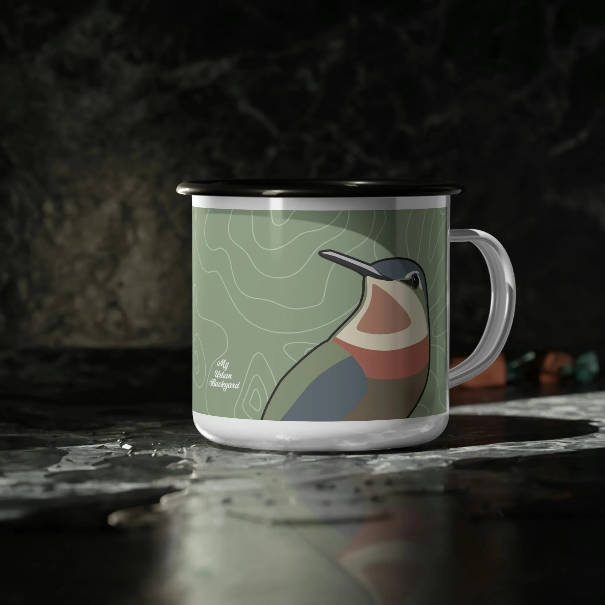 Hummingbirds on Sage Green, Enamel Camping Mug for Coffee, Tea, Cocoa, or Cereal - 12oz