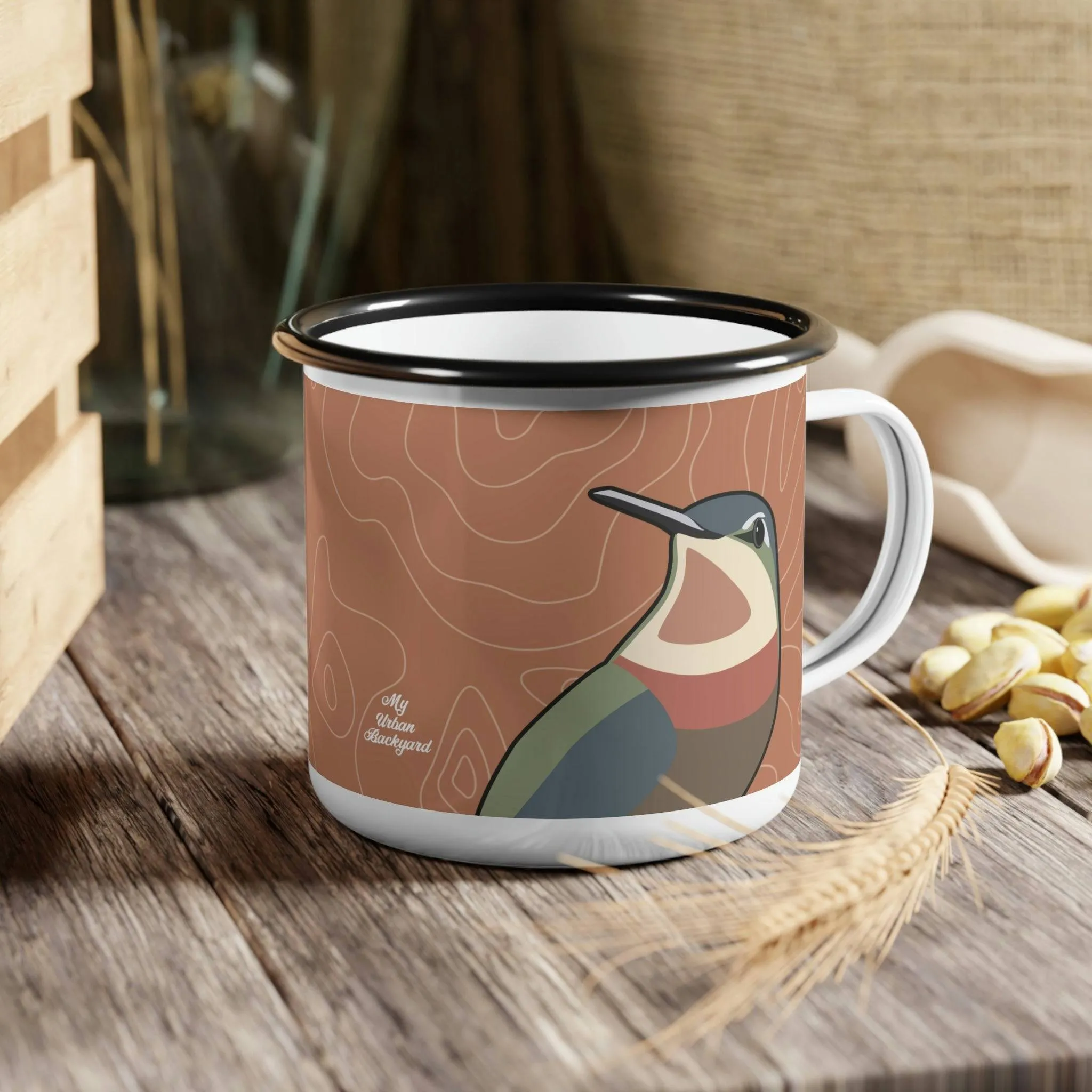 Hummingbirds on Terra Cotta, Enamel Camping Mug for Coffee, Tea, Cocoa, or Cereal - 12oz