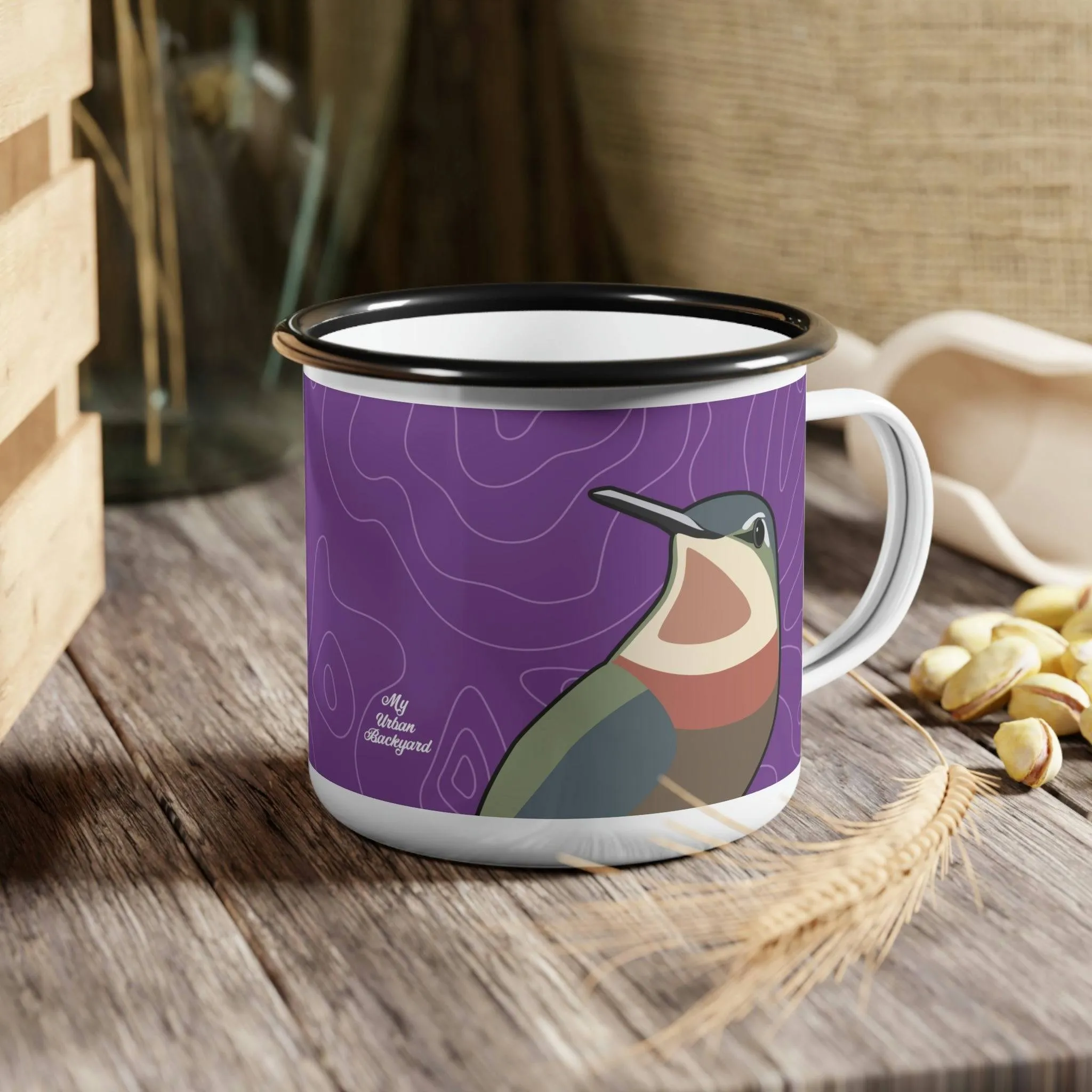 Hummingbirds on Wildflower Purple, Enamel Camping Mug for Coffee, Tea, Cocoa, or Cereal - 12oz