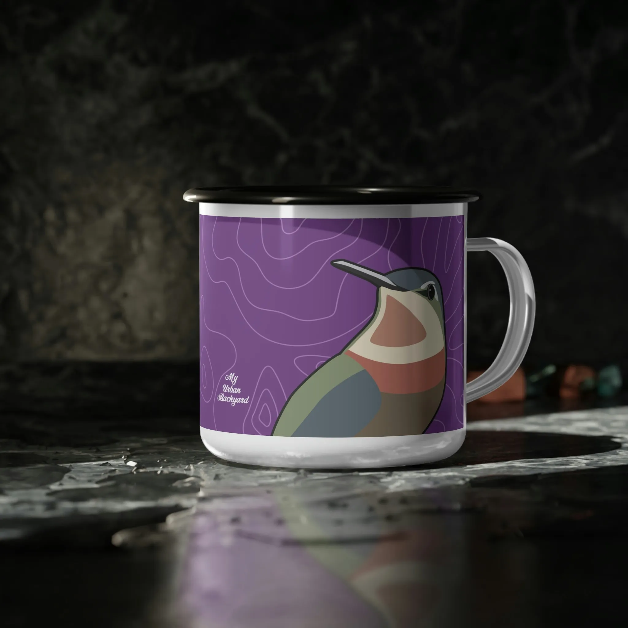 Hummingbirds on Wildflower Purple, Enamel Camping Mug for Coffee, Tea, Cocoa, or Cereal - 12oz