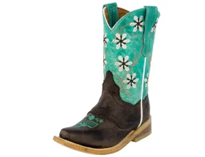 Kids Teal & Light Brown Western Cowboy Boots Floral Leather - Snip Toe