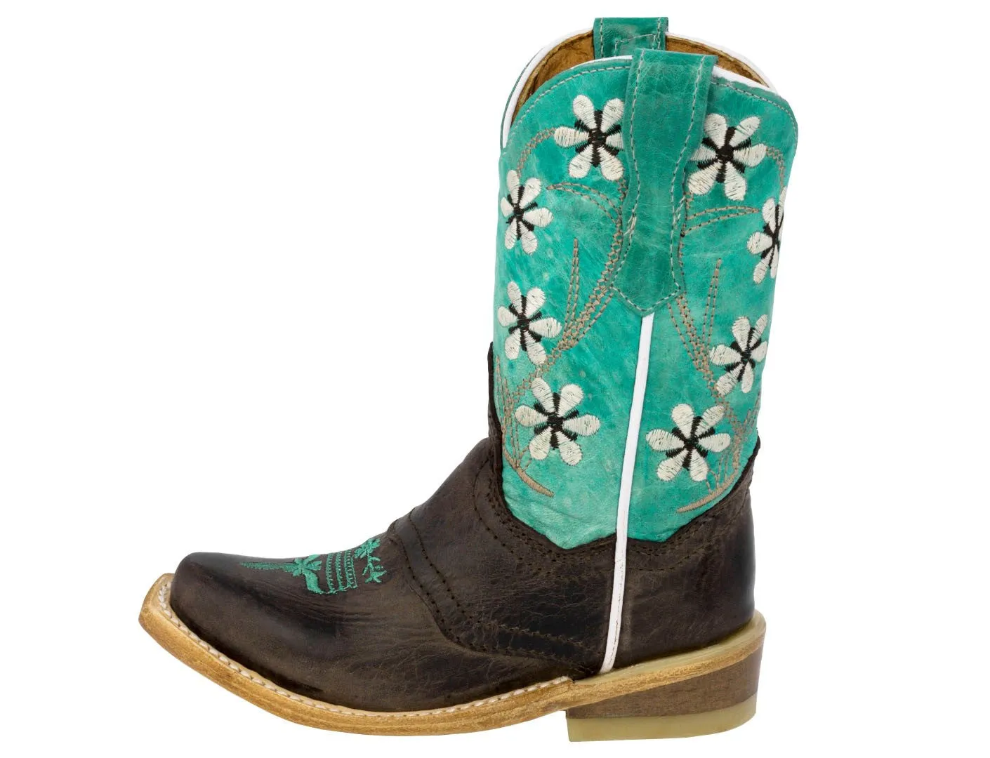 Kids Teal & Light Brown Western Cowboy Boots Floral Leather - Snip Toe