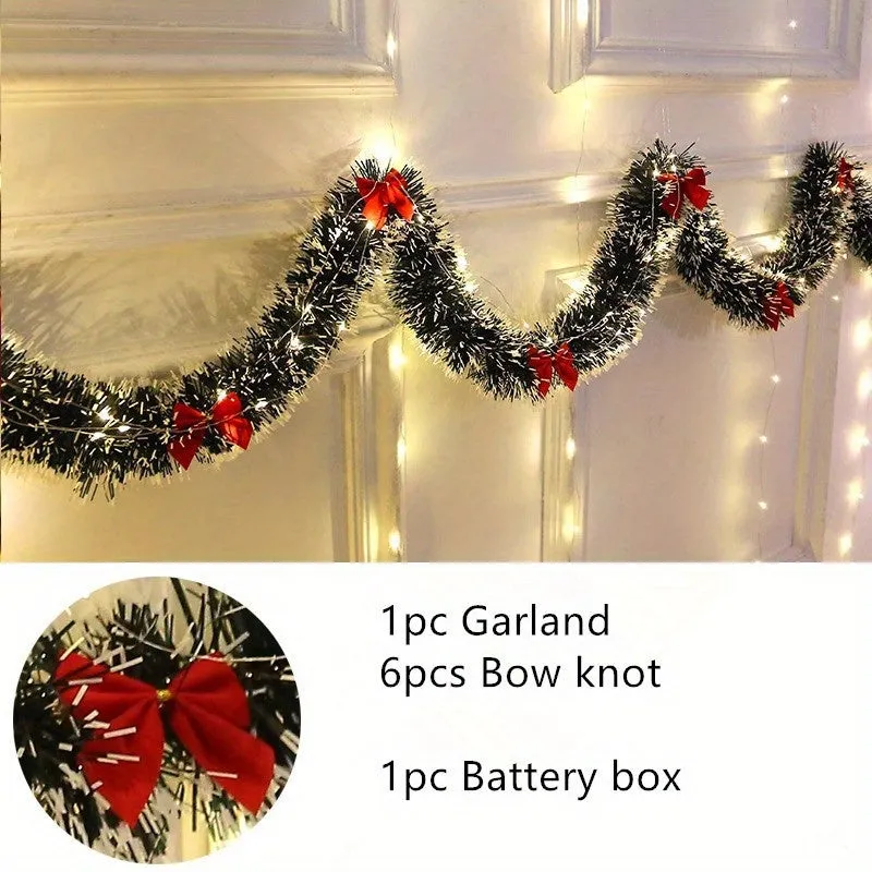 kkboxly 1 Set, 30LED Christmas Tinsel Garland Artificial Christmas Garland With LED Lights Battery Xmas Metallic Twist Hanging Garland Fireplace Mantel Wreath Decor For Staircase Railing Indoor Outdoor Ornaments