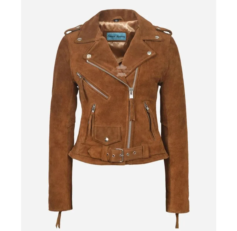 Ladies Brando Jacket Classic Biker Style Slim Fit Suede Leather Jacket