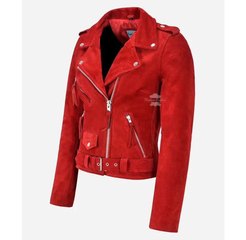 Ladies Brando Jacket Classic Biker Style Slim Fit Suede Leather Jacket