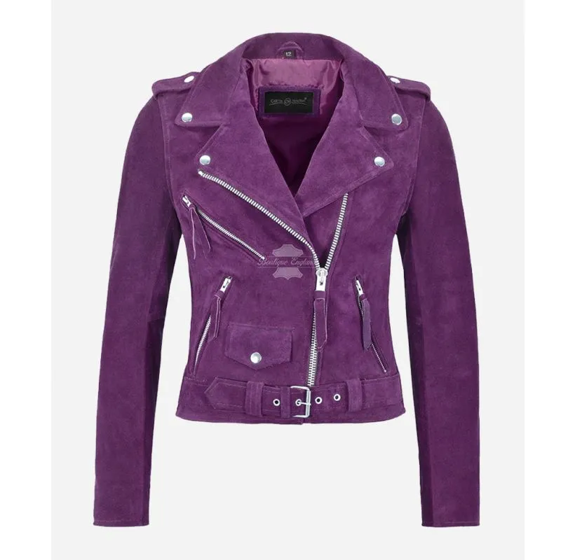 Ladies Brando Jacket Classic Biker Style Slim Fit Suede Leather Jacket